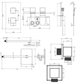 Kartell Nero Square 2 Outlet 2 Handle Thermostatic Concealed Shower Valve With Slide Rail Kit With Outlet Elbow - Matt Black - Image 2