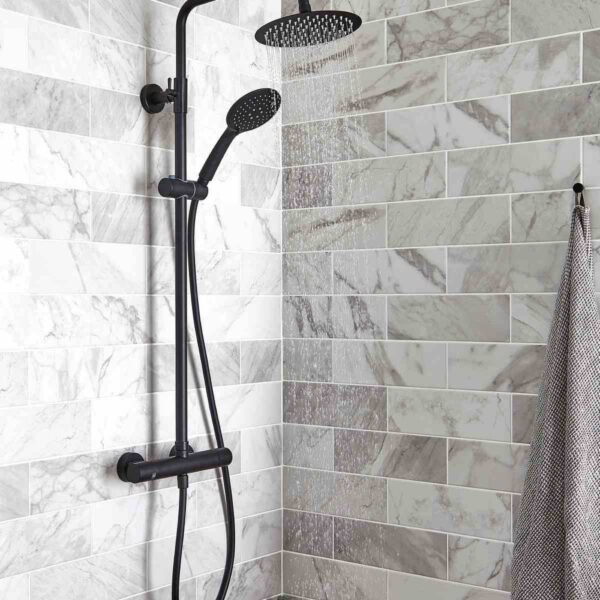 Kartell Nero Round Exposed Bar Shower Valve With Shower Kit And Fixed Head - Matt Black - Image 2