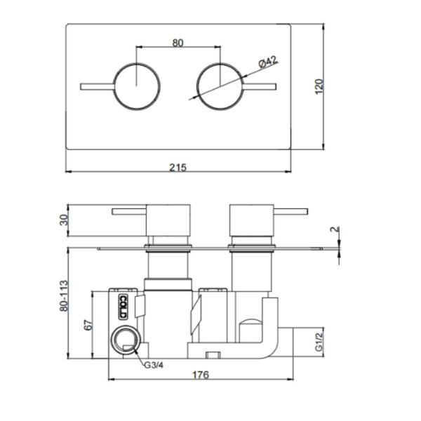 Kartell Ottone 1 Outlet 2 Handle Thermostatic Concealed Shower Valve - Brushed Brass - Image 2