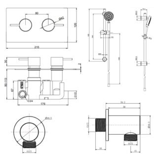 Kartell Ottone 1 Outlet 2 Handle Thermostatic Concealed Shower Valve With Adjustable Slide Rail Kit And Outlet Elbow - Brushed Brass - Image 2
