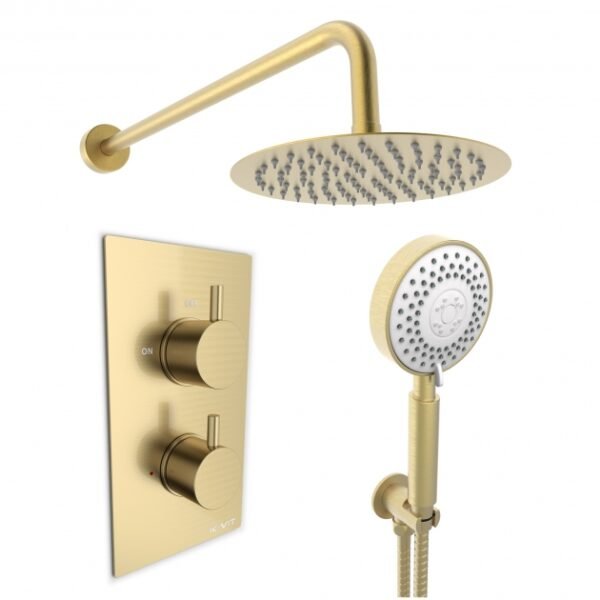 Kartell Ottone 2 Outlet 2 Handle Thermostatic Concealed Shower Valve With Fixed Shower Head And Arm - Brushed Brass