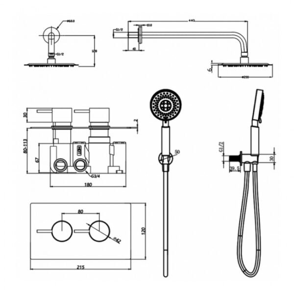 Kartell Ottone 2 Outlet 2 Handle Thermostatic Concealed Shower Valve With Fixed Shower Head And Arm - Brushed Brass - Image 2