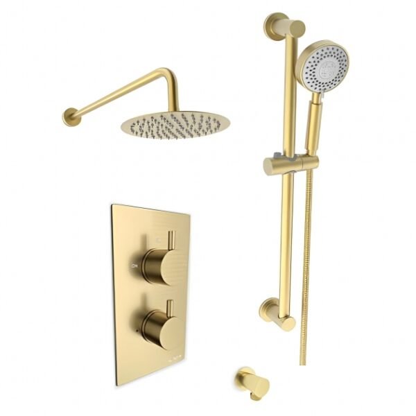 Kartell Ottone 2 Outlet 2 Handle Thermostatic Concealed Shower Valve With Slide Rail Kit And Fixed Shower Head - Brushed Brass