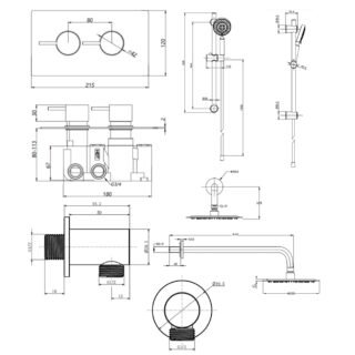 Kartell Ottone 2 Outlet 2 Handle Thermostatic Concealed Shower Valve With Slide Rail Kit And Fixed Shower Head - Brushed Brass - Image 2