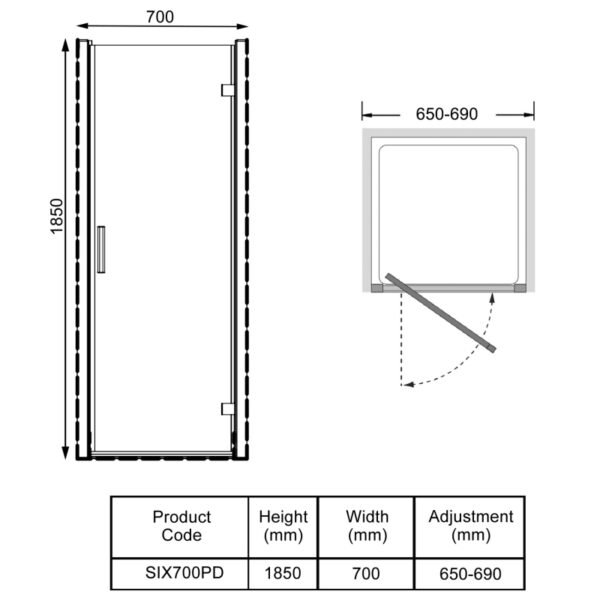 Kartell KV6 Pivot Shower Door With Side Panel - 6mm Glass - Chrome - Image 2