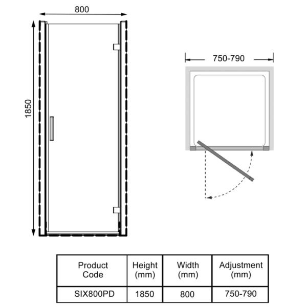 Kartell KV6 Pivot Shower Door With Side Panel - 6mm Glass - Chrome - Image 4