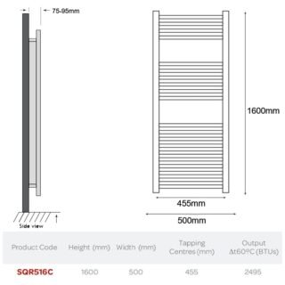 Kartell Square Straight Vertical Designer Heated Towel Rail - Chrome - Image 3