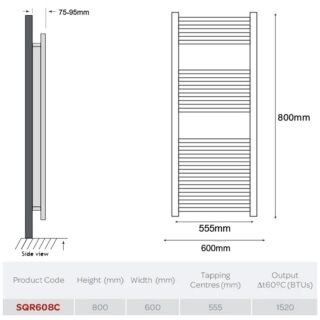 Kartell Square Straight Vertical Designer Heated Towel Rail - Chrome - Image 5