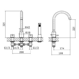Kartell Plan Deck Mounted 4 Hole Bath Shower Mixer Tap Shower Hose and Handset - Chrome - Image 2