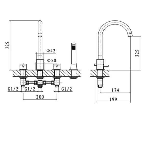 Kartell Plan Deck Mounted 4 Hole Bath Shower Mixer Tap Shower Hose and Handset - Chrome - Image 2