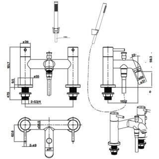 Kartell Ottone Deck Mounted Bath Shower Mixer Tap With Hose And Handset - Brushed Brass - Image 2