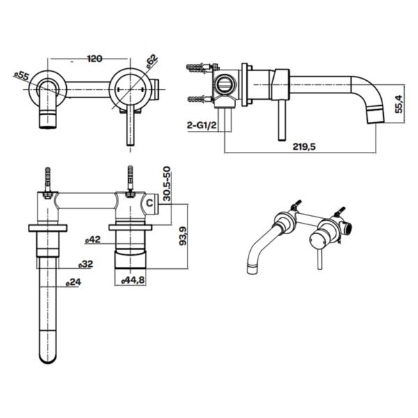 Kartell Ottone 2 Hole Wall Mounted Basin Mixer Tap - Brushed Brass - Image 2