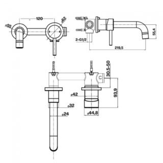 Kartell Nero 2 Hole Wall Mounted Basin Mixer Tap - Matt Black - Image 2