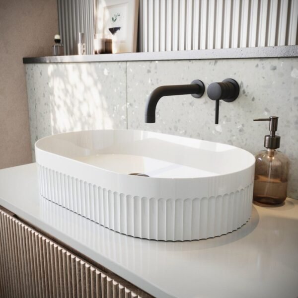 Scudo Fluted Oval Countertop Basin - 575mm Wide - White - Image 2