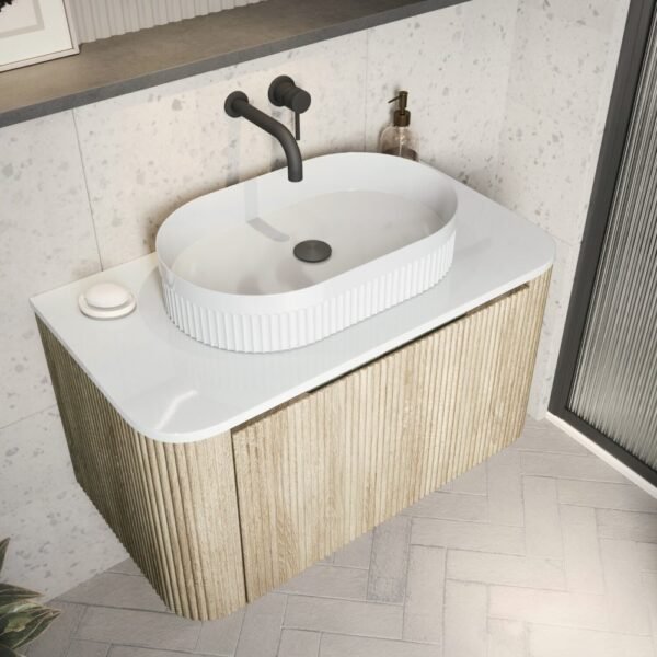 Scudo Fluted Oval Countertop Basin - 575mm Wide - White - Image 3