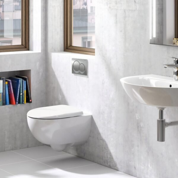 Geberit Alpha Wall-Hung Toilet Frame & Concealed Cistern With Chrome Round Fush Plate - 820mm High - Image 2