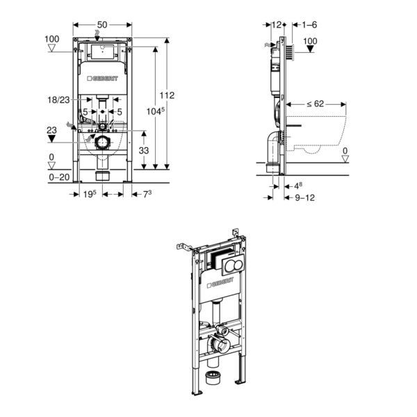 Geberit Alpha Wall-Hung Toilet Frame & Concealed Cistern With Chrome Square Fush Plate - 1120mm High - Image 2