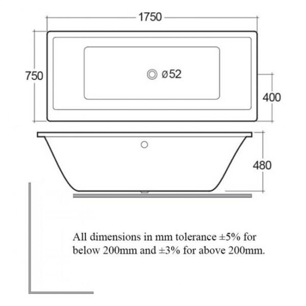 RAK Evolution Rectangular Double Ended Bath - 1750mm x 750mm - Alpine White - Image 4