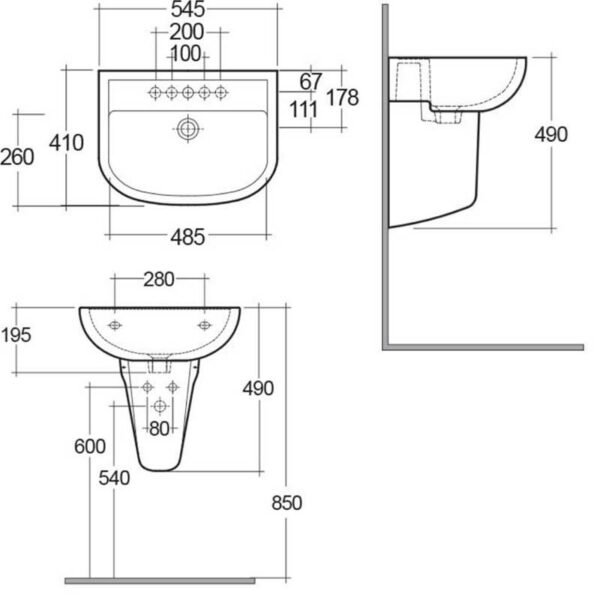 RAK Compact Basin With Semi Pedestal - 550mm Wide - White - Image 5