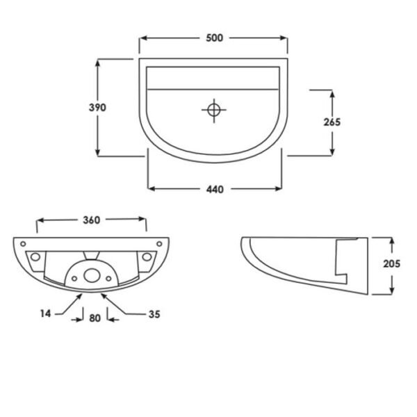 RAK Compact Special Needs H Wall Hung Basin - 500mm Wide - No TH - White - Image 2
