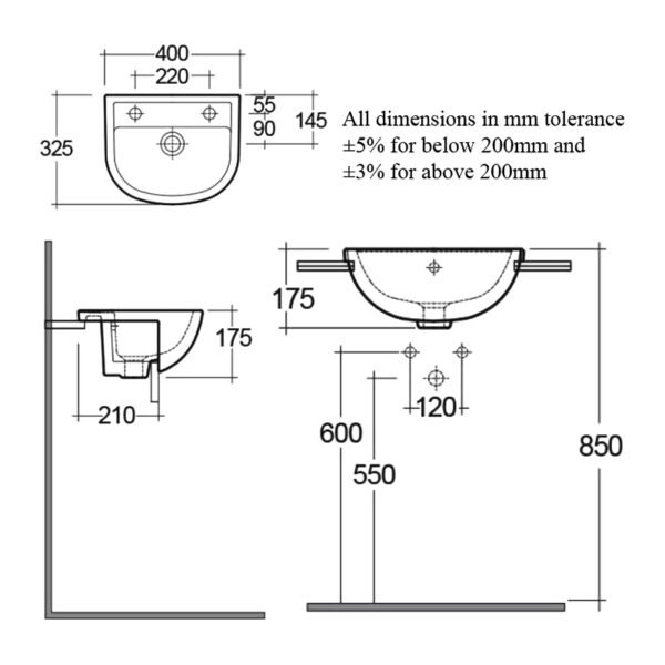 RAK Compact Semi Recessed Basin - 400mm Wide - White - Image 4