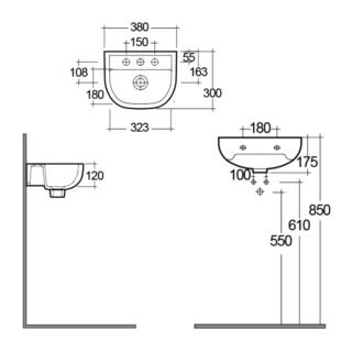 RAK Compact Special Needs Wall Hung Basin 380mm Wide - White - Image 4