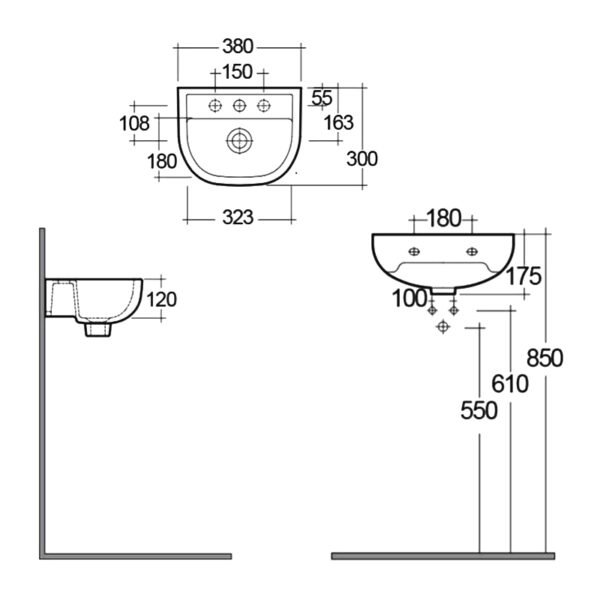 RAK Compact Special Needs Wall Hung Basin 380mm Wide - White - Image 4