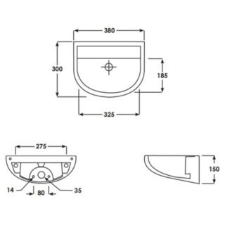RAK Compact Special Needs H Wall Hung Basin - 380mm Wide - No TH - White - Image 3
