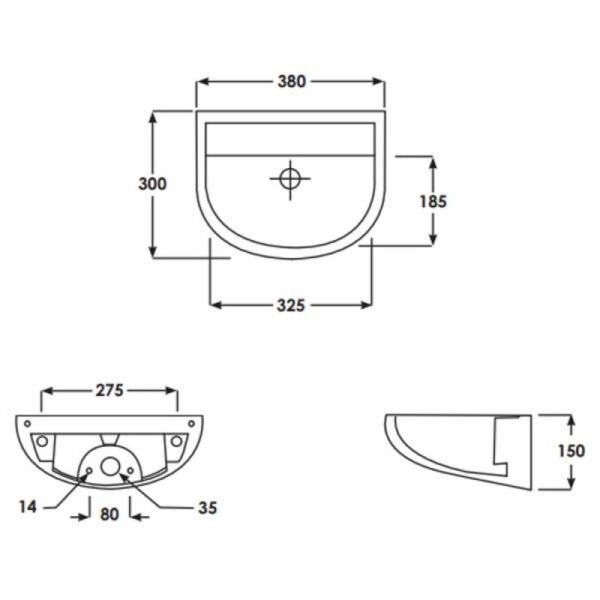 RAK Compact Special Needs H Wall Hung Basin - 380mm Wide - No TH - White - Image 3