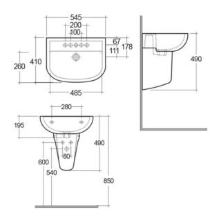 RAK Compact Basin With Semi Pedestal - 550mm Wide - White - Image 6