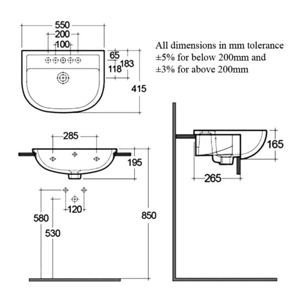 RAK Compact Semi Recessed Basin - 550mm Wide - White - Image 2
