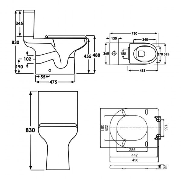 RAK Compact Rimless Special Needs Close Coupled Toilet With Push Button Cistern And Ring Seat - White - Image 3