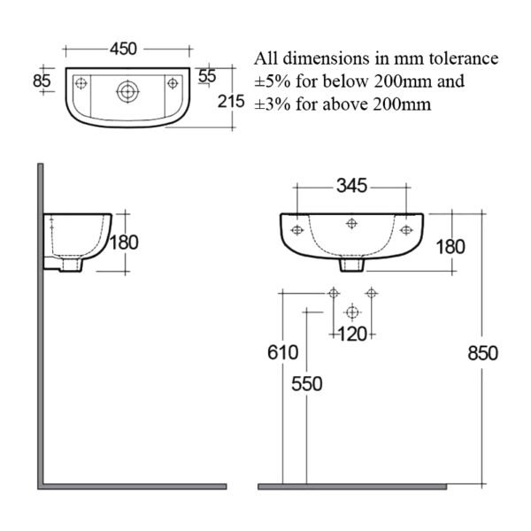 RAK Compact Cloakroom Basin - 450mm Wide - 1 LH TH - White - Image 2