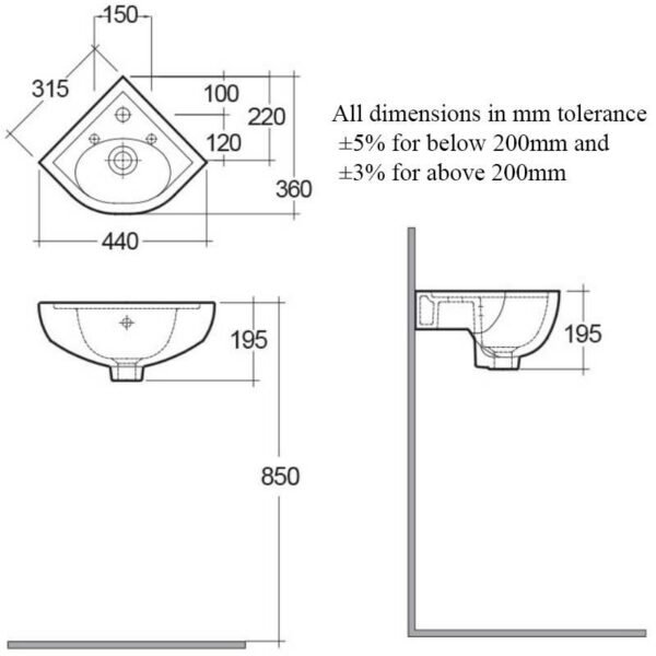RAK Compact Corner Cloakroom Basin - 440mm Wide - 1 TH - White - Image 2