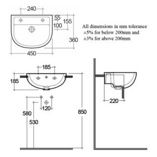 RAK Compact Semi Recessed Basin - 450mm Wide - White - Image 3