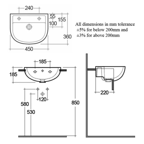 RAK Compact Semi Recessed Basin - 450mm Wide - White - Image 3