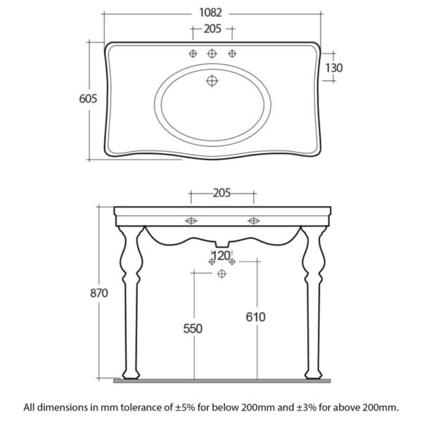 RAK Deluxe Console Basin With Ceramic Legs - 1050mm Wide - White - Image 2