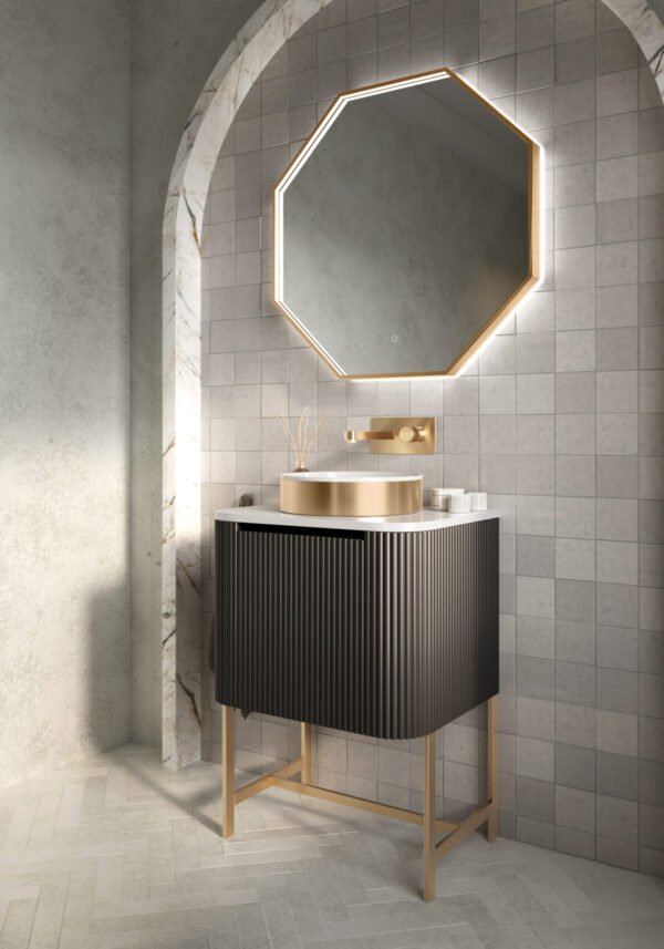Scudo Linea 1 Drawer Floor Standing Vanity Unit With Basin, Worktop And Brushed Brass Frame - 600mm Wide - Image 2