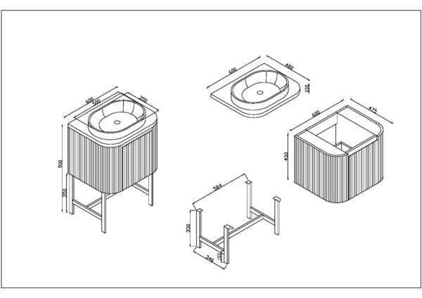 Scudo Linea 1 Drawer Floor Standing Vanity Unit With Basin, Worktop And Brushed Brass Frame - 600mm Wide - Image 3
