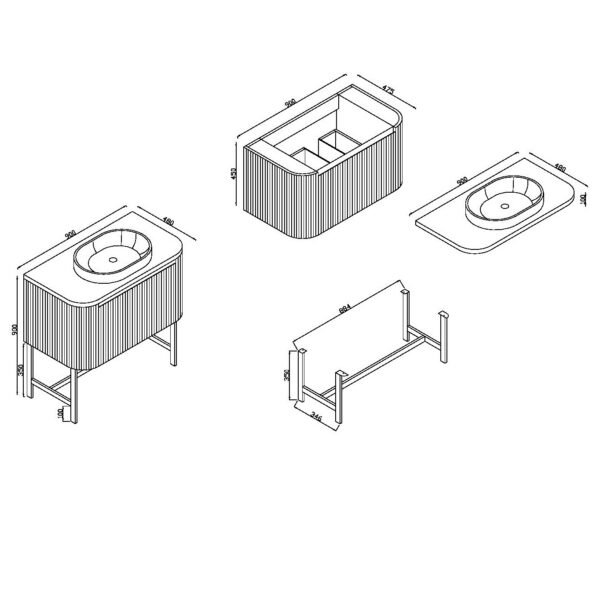 Scudo Linea 1 Drawer Floor Standing Vanity Unit With Basin And Brushed Brass Frame - 900mm Wide - Image 2