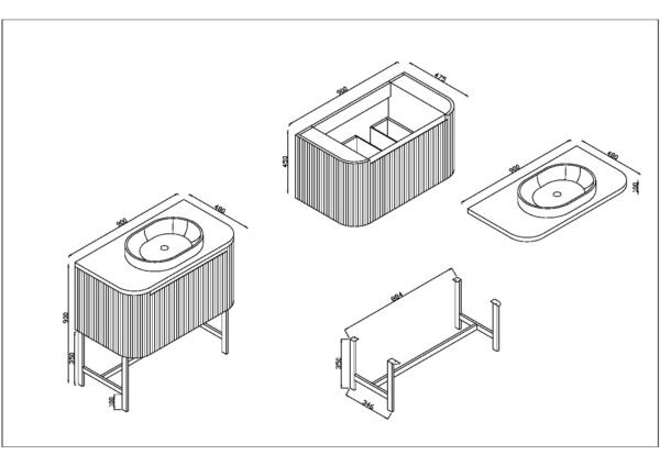 Scudo Linea 1 Drawer Floor Standing Vanity Unit With Basin, Worktop And Brushed Brass Frame - 900mm Wide - Image 3