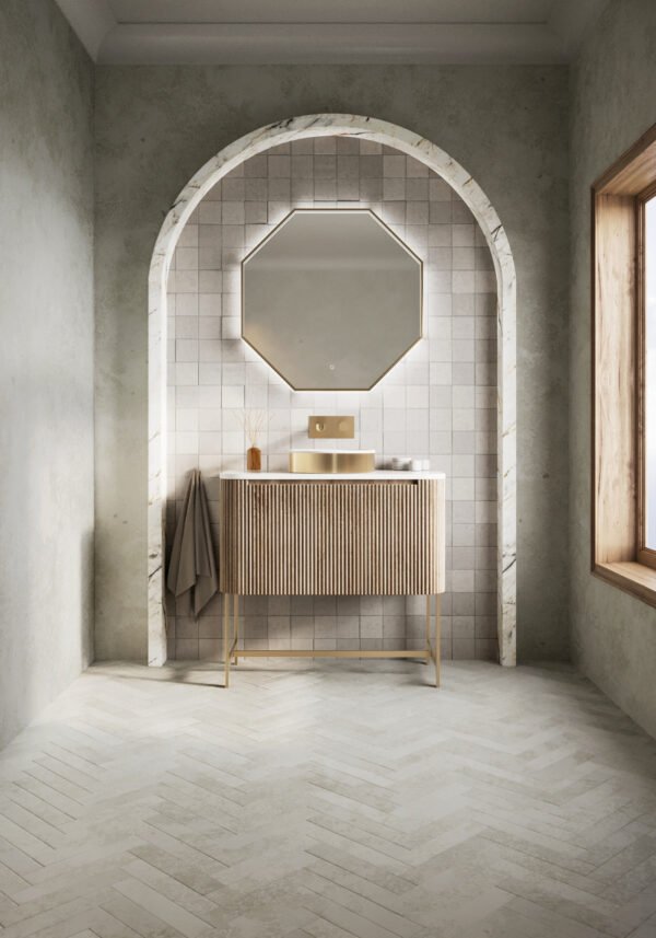 Scudo Linea 1 Drawer Floor Standing Vanity Unit With Basin, Worktop And Brushed Brass Frame - 900mm Wide - Image 2
