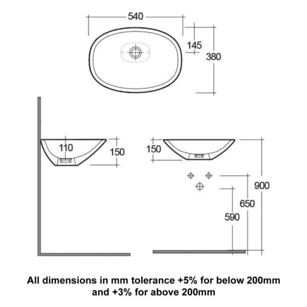 RAK Morning Sit-On Countertop Basin - 540mm Wide - No TH - White - Image 4