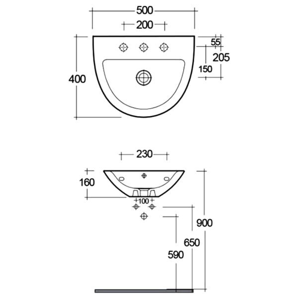 RAK Morning Wall Hung Basin - 500mm Wide - 1 TH - White - Image 2