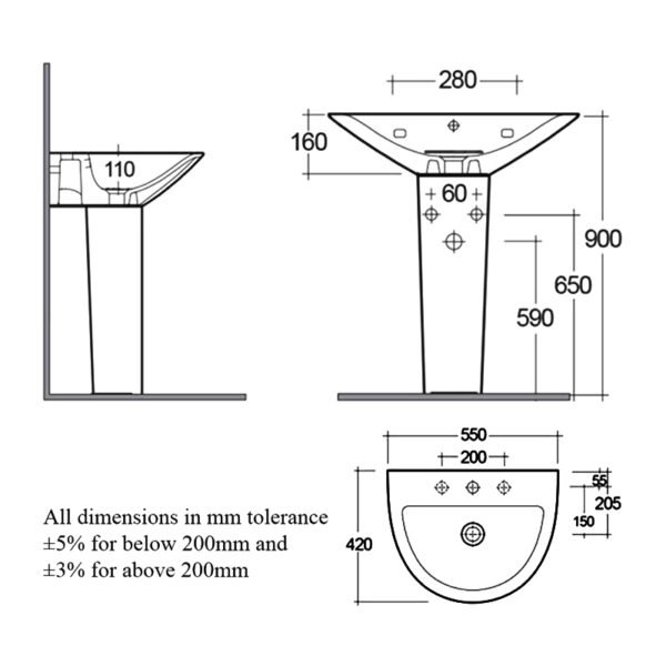 RAK Morning Basin With Full Pedestal - 550mm Wide - 1 TH - White - Image 5