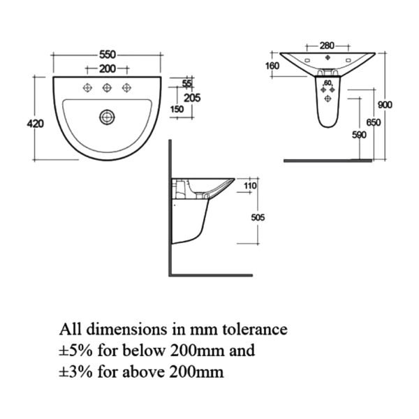 RAK Morning Basin With Semi Pedestal - 550mm Wide - 1 TH - White - Image 3