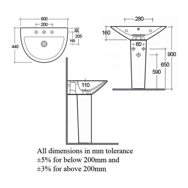 RAK Morning Basin With Full Pedestal - 600mm Wide - 1 TH - White - Image 5