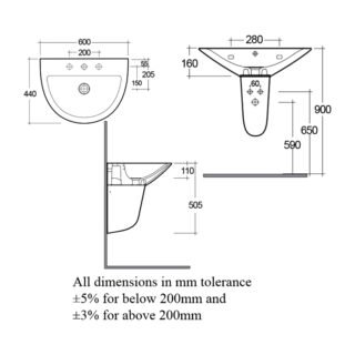 RAK Morning Basin With Semi Pedestal - 600mm Wide - 1 TH - White - Image 3