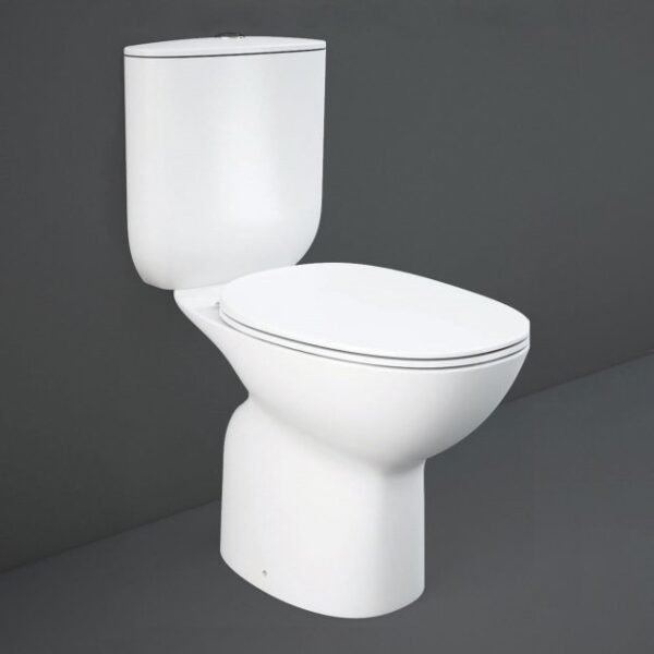 RAK Morning Rimless Open Back Close Coupled Toilet With Push Button Cistern And Soft Close Seat - White