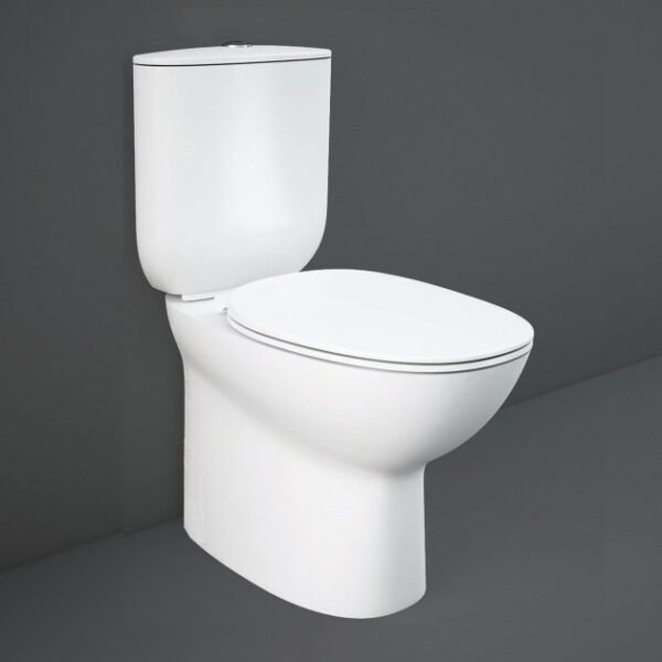 RAK Morning Rimless Back to Wall Close Coupled Toilet With Push Button Cistern And Soft Close Seat - White